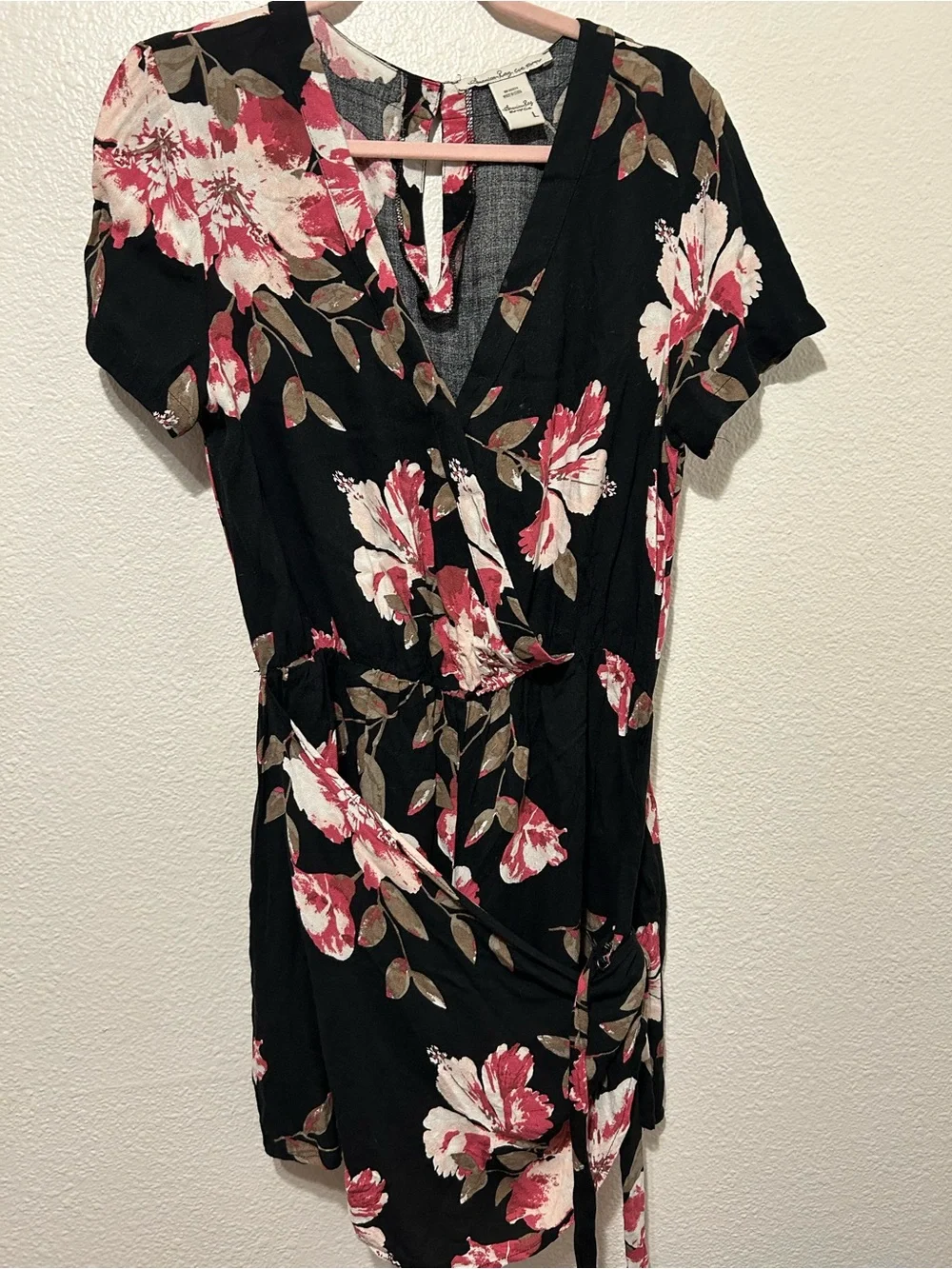 American Rag Black Romper with Pink Floral Print
